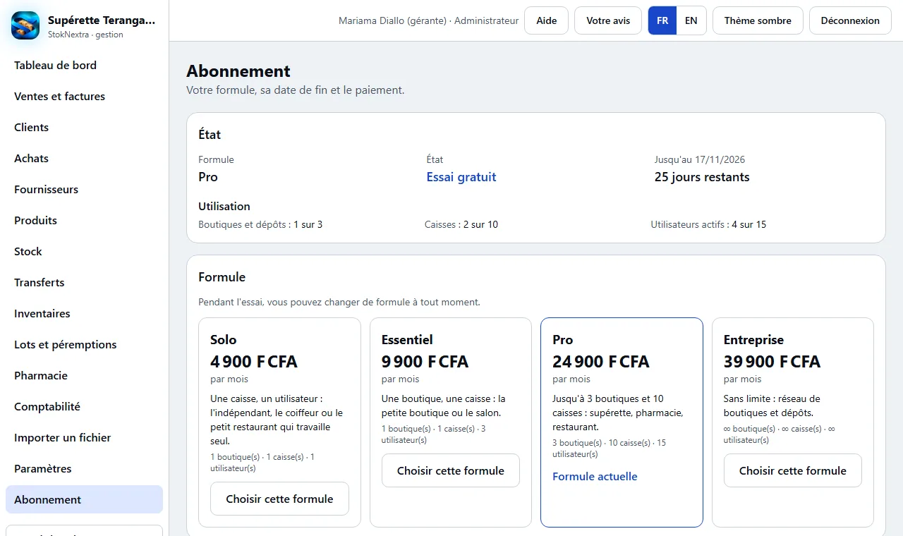 Capture d'écran : Payer l'abonnement